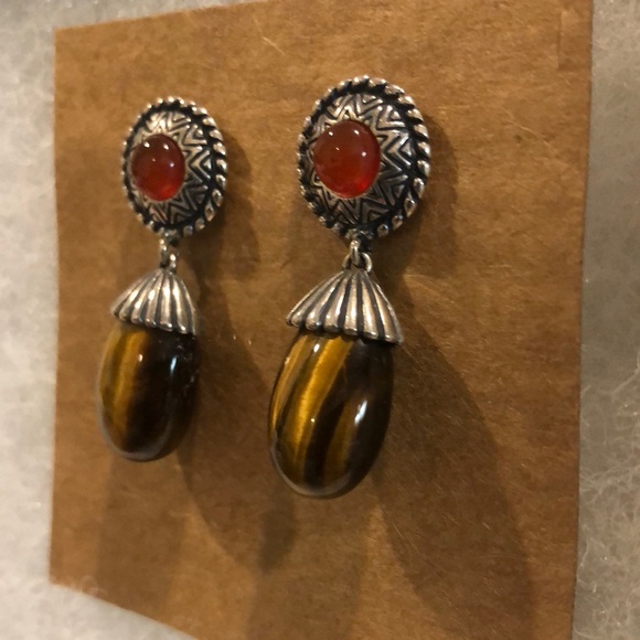 CAROLYN POLLACK Sterling Silver Tigers Eye Red Garnet Drop Dangle Earrings - Picture 10 of 10
